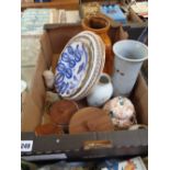 Box of assorted ceramics inc. Gerold Porcelain lidded storage jars, Highland Stoneware vase etc.