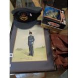 RAF Peaked cap, Pr. Of Lancaster Bomber gloves, Military print and a model plane