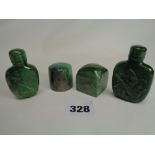 Good quality Antique Spinach green Jade Snuff bottle decorated with a Mandolin player and Bamboo