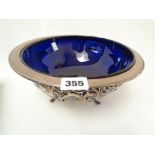 Good quality Arts & Crafts Silver pierced fruit bowl on paw feet with blue glass liner Sheffield