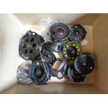 Box of assorted Fly and Centre pin reels inc. Lincoln, BFR SuperFly 95, W & S Products, Ron Thompson