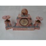 1930s Art Deco coloured veined marble mantle clock with garnitures