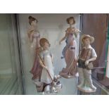 Collection of 4 Lladro figurines of 2 Women, Boy with Fishing Rod and a Girls with Mop