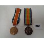WW1 2 Medal group for PTE. A W Turner Suffolk Regiment 20967
