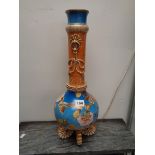 Aesthetics movement tall vase with floral and bird decoration and applied gilt rope decoration