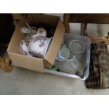 Box of assorted Edwardian and later pressed glassware and Transfer printed pottery