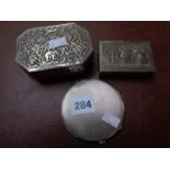 Asian Silver Elephant decorated lidded pot, figural decorated white metal box and a Silver