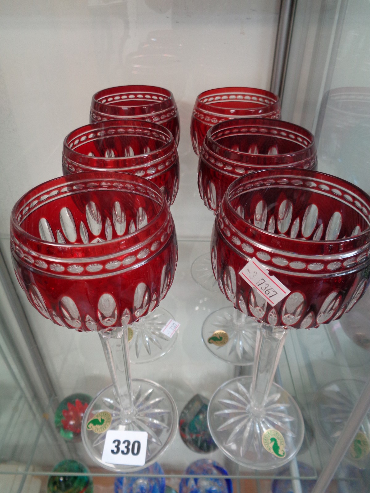 Set of 6 Waterford Crystal Hock glasses with ruby glass decoration