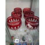 Set of 6 Waterford Crystal Hock glasses with ruby glass decoration