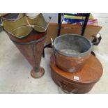 Edwardian oval hat box, Copper French 2 handled cook pot and a 20thC Umbrella stand