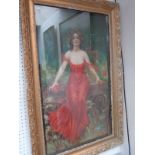 Large Edwardian Ornate gilt framed print of a Woman in red dress with poppies by Bryson 1902