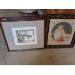 4 Framed Monkey prints and a Edwardian Lacquered print of 2 children