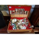 Oak cased canteen of cutlery, Silverplated candlebra and a butter dish