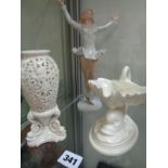 Royal Worcester Blanc De Chine Bon Bon dish, Reticulated Parian vase on stand and a Deco figure of a