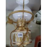 Grecian decorated hanging oil lamp with opaque glass shade