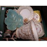 Large box of assorted pottery and china inc. Gilded jardinière, Leaf dish etc.