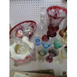 Collection of assorted Coloured glassware inc. Large Vaseline glass basket, Ruby glassware etc.