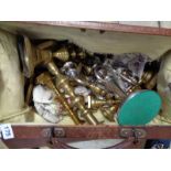 Collection of Victorian and later Brass candlesticks in a Brown Leather doctors bag