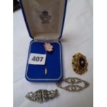 Aynsley cased Porcelain stick pin, Deco Brooch & other jewellery