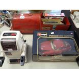 Vintage Red Tin Triang Locomotive, boxed Burago Porsche, Tomy Chatbot and assorted collectors cars