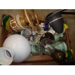 Box of assorted pottery and bygones inc. Bossons, Linthorpe type vase etc.