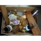 Box of assorted Pottery and glassware inc. Fruit decorated lamp base, Art Deco Jug etc.