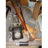 Vintage Dial telephone, Canvas bag, American football glove and assorted bygones