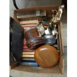 Oak carved biscuit barrel, Antiquarian books and assorted bygones