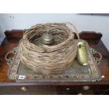 Large Brass 2 handled tray with painted decoration, snake charmers basket and accessories