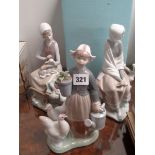 Lladro figure of a woman seated with Goat, Lladro figure of girl with watering can and Chicken and