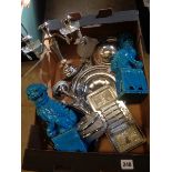 Pr. Of Turquoise Pottery dogs of Foe and a qty. of Chrome tableware