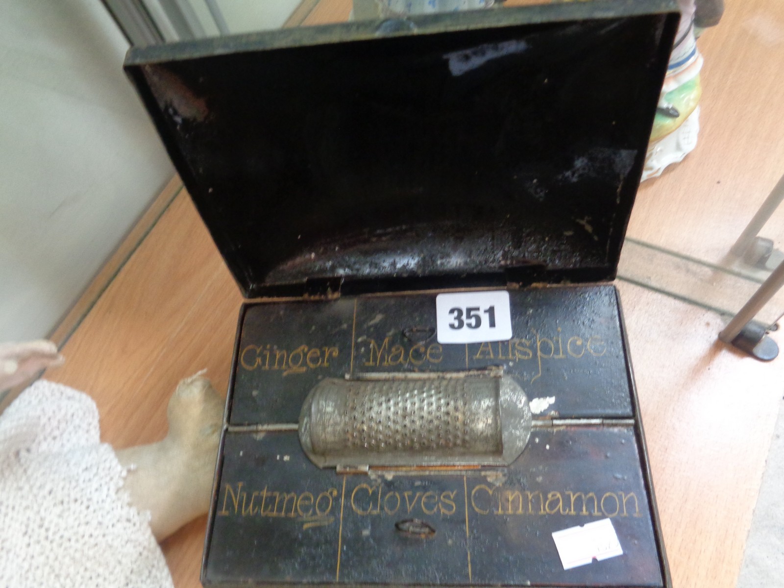 19thC Black tin Spice box with Nutmeg grater