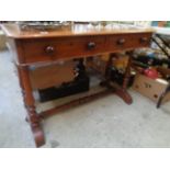 Victorian Mahogany sofa table of 2 drawers with turned handles and Stretcher support