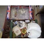 Box of Edwardian and later etched glasses and a box of Pottery and porcelain