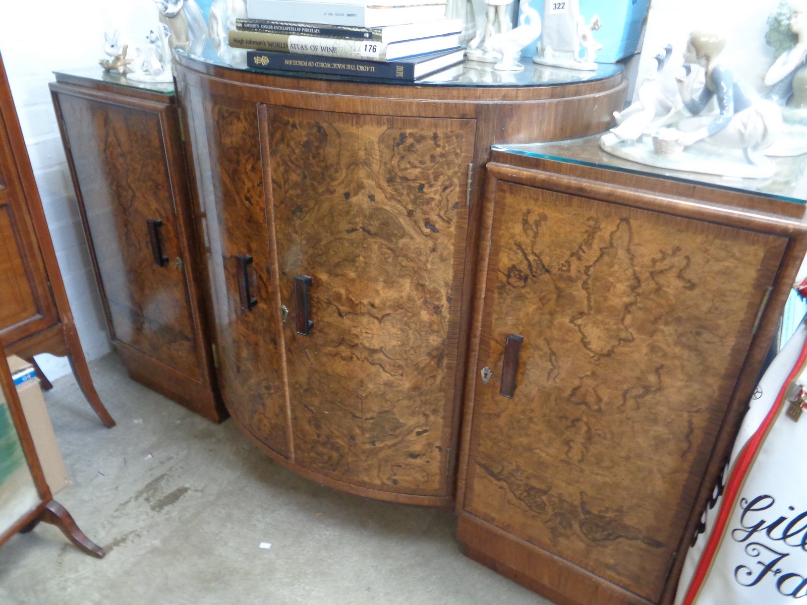 Burr Walnut Breakfront cylindrical centred sideboard with fitted interior