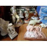 Collection of Italian Pottery inc. Capodimonte figure of a girl, Religious plaque and 2 marble