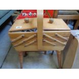 Light Elm Cantilever sewing box on wheels with contents