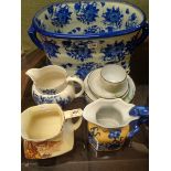 Large 20thC Blue & White Ironstone two handled footbath, 3 Pottery Jugs and a qty. of Oriental