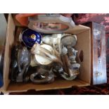 Box of assorted bygones inc. 3 African Carved Elephants, Horn Bird ornaments, Alfred Meakin