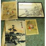 A folder of oriental on silk pictures and other pictures