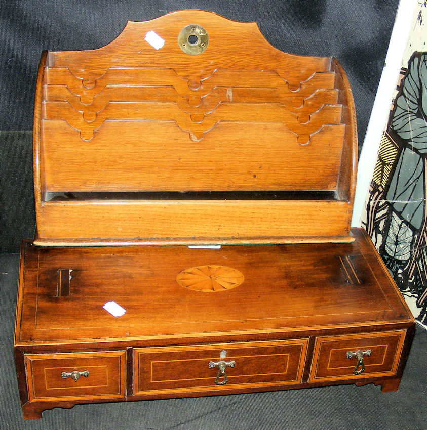 Antique desk tidy, together with a three drawer converted chest