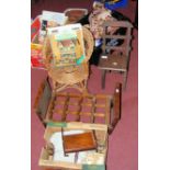 Selection of old dolls chairs, clothing, furniture and books
