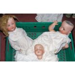 An old Armand Marseille bisque doll’s head only, together with two bisque head dolls for