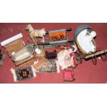 Selection of vintage dolls house furniture, including metal pram, bath, etc.
