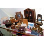 Selection of old dolls house furniture, including tables and chairs, wardrobes, bed, etc.