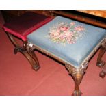 A carved stool with tapestry top, together with an X-framed stool
