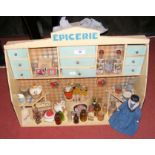 Circa 1930’s French dolls Epicerie cream and blue painted display counter, fully fitted with scales,