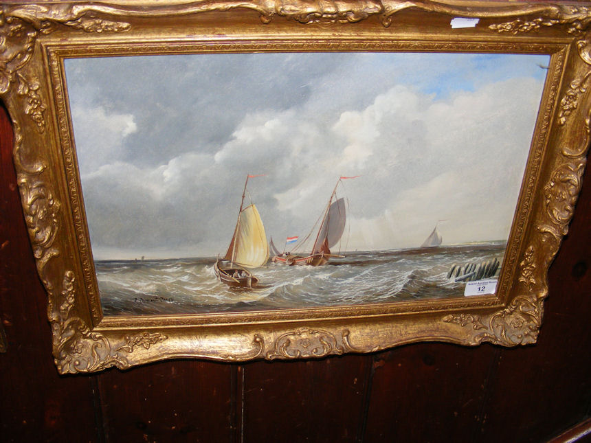 R DUMONT-SMITH - oil on board - fishing vessels in rough seas off the coast