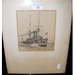 An etching of HMS New Zealand - monogrammed KHW