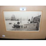 WILLIAM WYLLIE - an etching of Portsmouth Harbour dock scene with HMS Victory in the background -